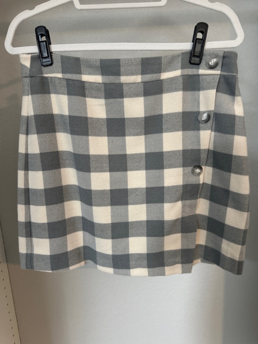 LOFT Gray and Cream Plaid Mini Skirt with Side Buttons
